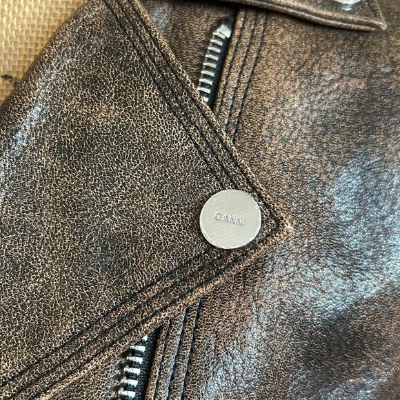 GANNI Washed Perfecto Brown Leather Cropped Biker Jacket size 36 US S Sold Out - Picture 8 of 16